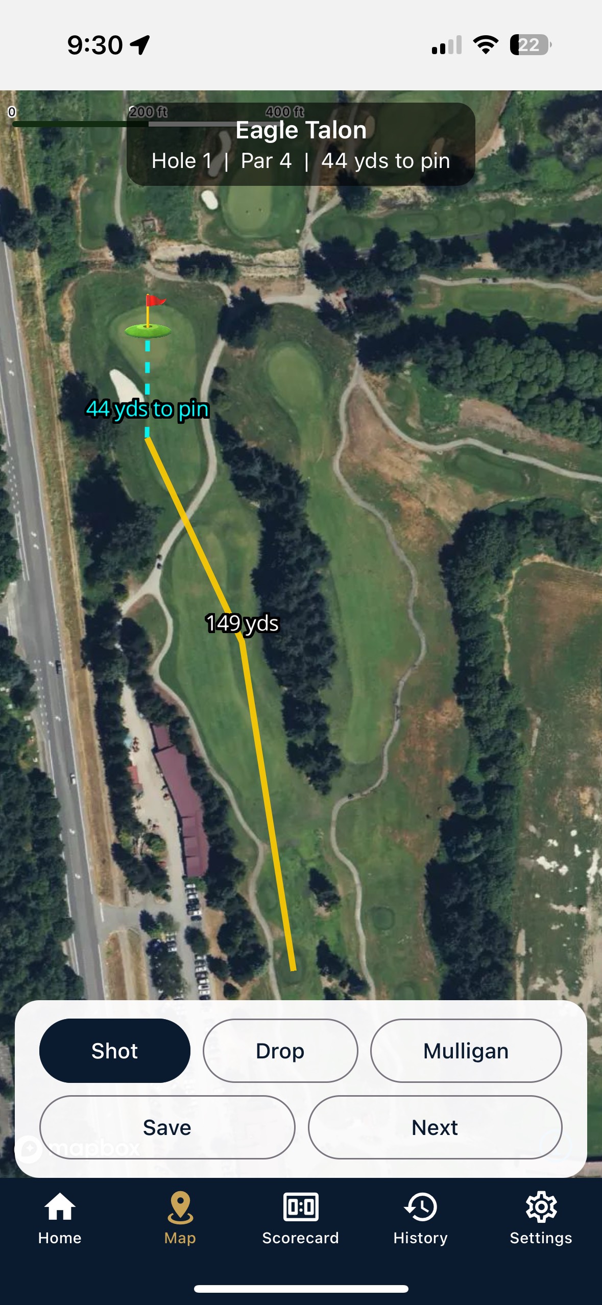 DigiCaddie GPS mapping interface showing hole layout, distances, and hazards