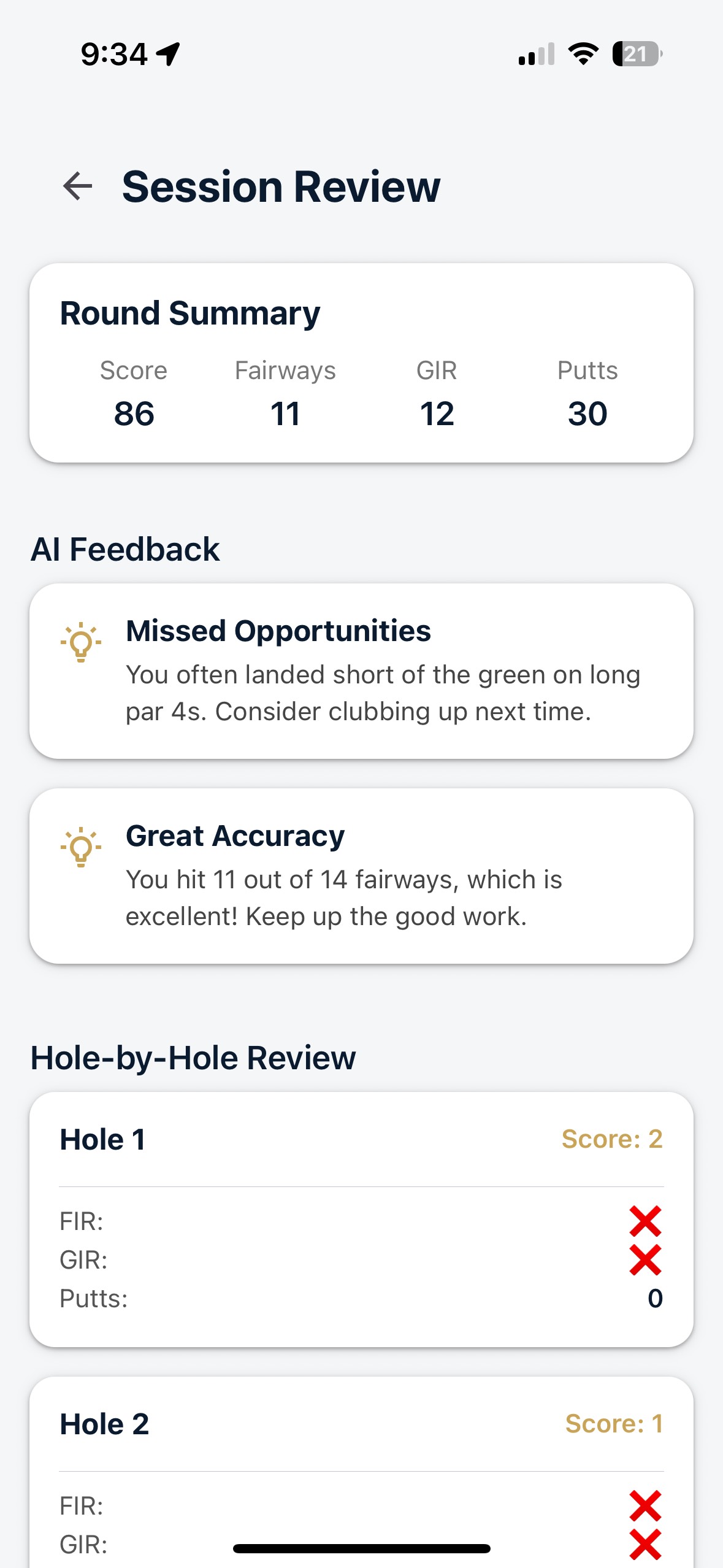DigiCaddie session review screen showing detailed round analysis, statistics, and improvement insights